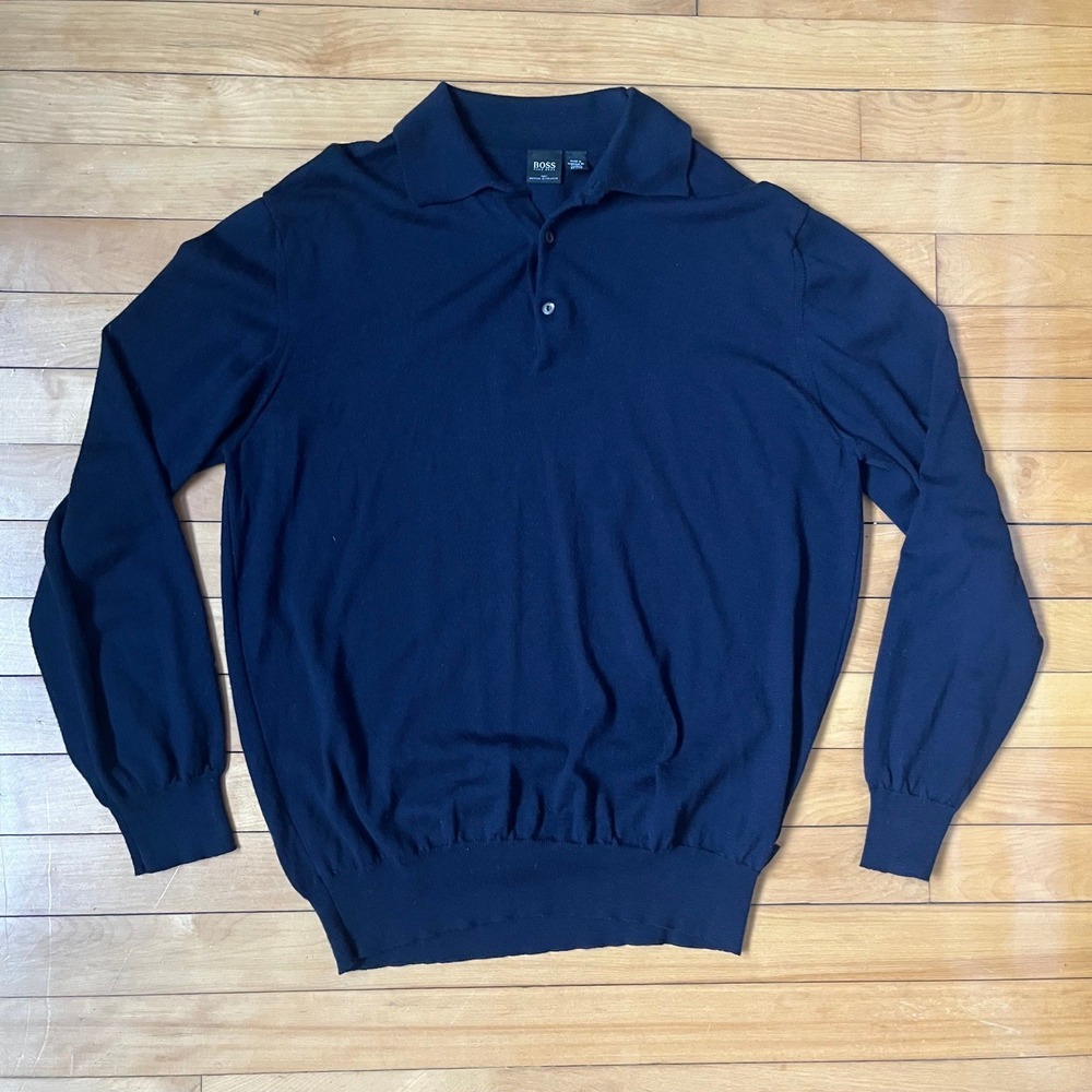 Hugo Boss Mens Navy Blue 100% Extrafine Merino Wool Long Sleeve Polo Sweater L
